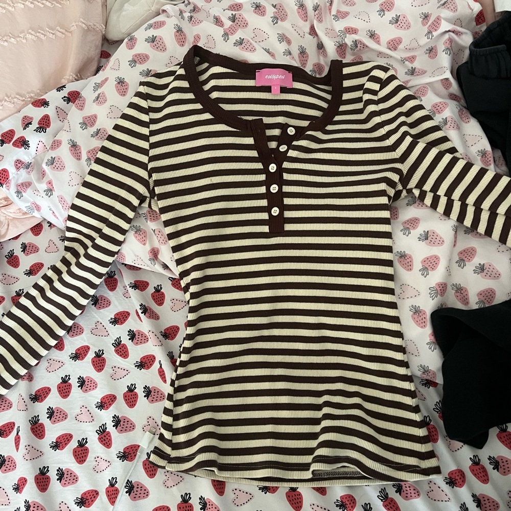 Edikted Cream & Brown Striped Henley Ribbed Top